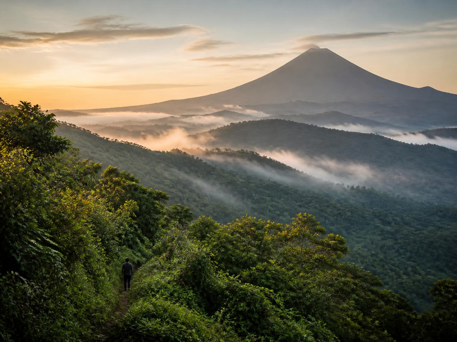Arenal volcano rising above misty Costa Rican rainforest at sunrise