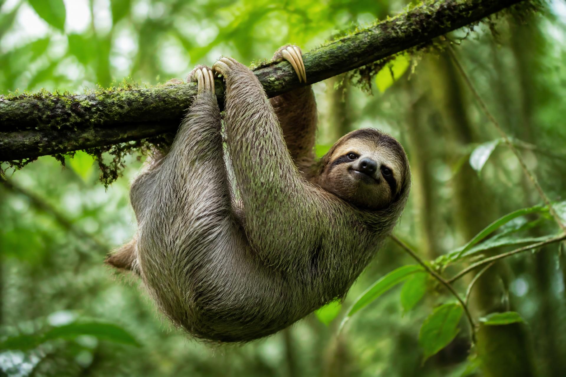 Costa Rican three-toed sloth hanging on a mossy rainforest branch